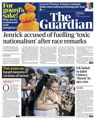 The Guardian Newspaper Front Page (UK) for 8 October 2025