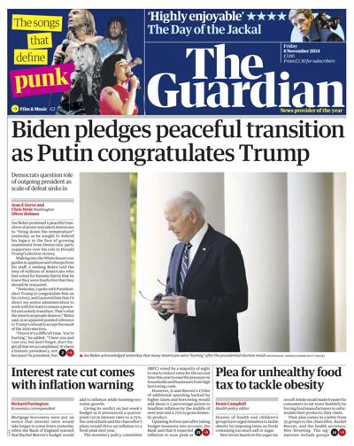 The Guardian Newspaper Front Page (UK) for 8 November 2024