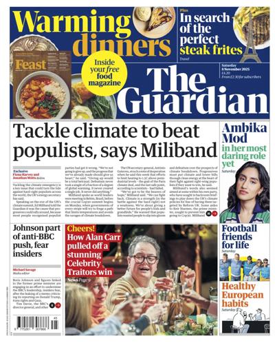 The Guardian Newspaper Front Page (UK) for 8 November 2025