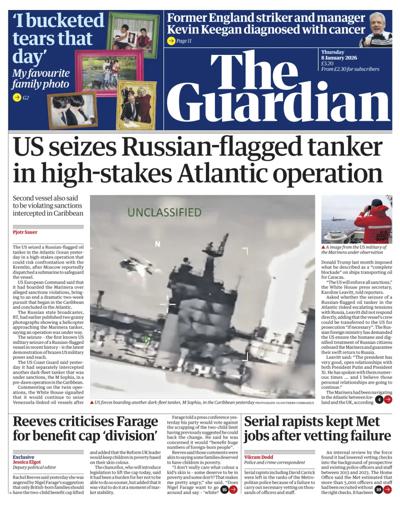 The Guardian Newspaper Front Page (UK) for 8 January 2026
