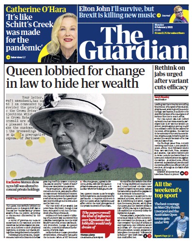 The Guardian Newspaper Front Page (UK) for 8 February 2021