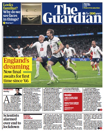 The Guardian Newspaper Front Page (UK) for 8 July 2021