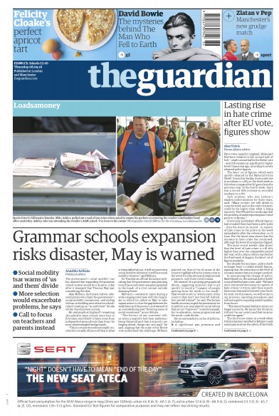 The Guardian Newspaper Front Page (UK) for 8 September 2016