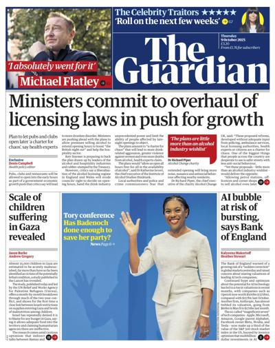 The Guardian Newspaper Front Page (UK) for 9 October 2025