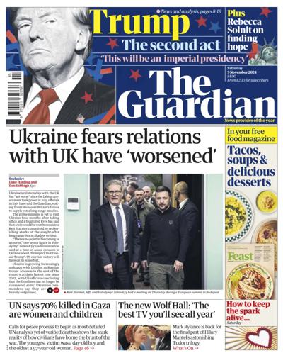 The Guardian Newspaper Front Page (UK) for 9 November 2024