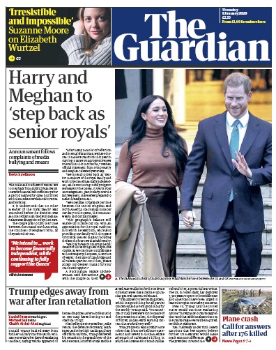 The Guardian Newspaper Front Page (UK) for 9 January 2020