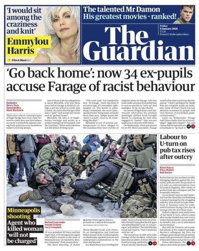 The Guardian Newspaper Front Page (UK) for 9 January 2026