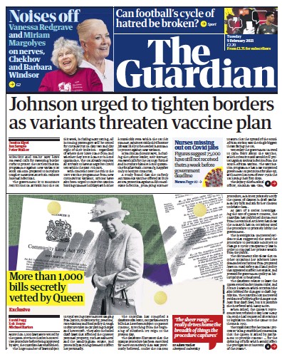 The Guardian Newspaper Front Page (UK) for 9 February 2021