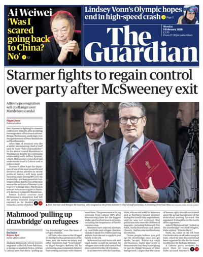 The Guardian Newspaper Front Page (UK) for 9 February 2026