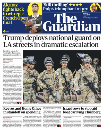 The Guardian Newspaper Front Page (UK) for 9 June 2025