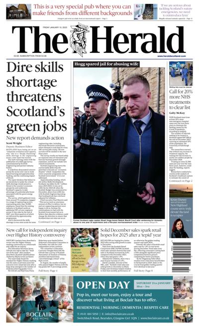 The Herald Newspaper Front Page (UK) for 10 January 2025