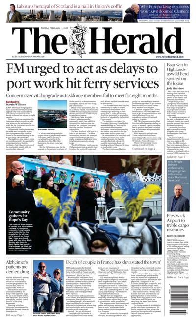 The Herald Newspaper Front Page (UK) for 11 February 2025