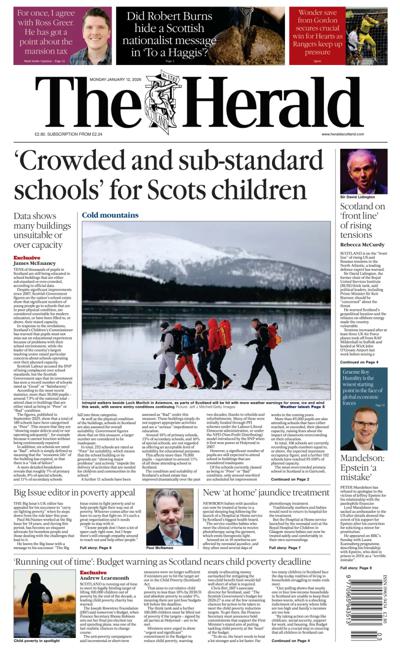 The Herald Newspaper Front Page (UK) for 12 January 2026
