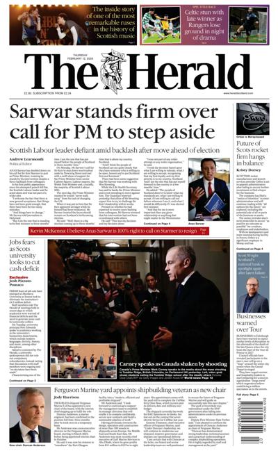 The Herald Newspaper Front Page (UK) for 12 February 2026