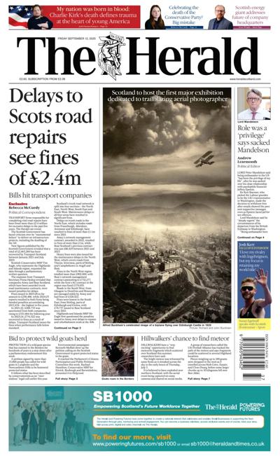 The Herald Newspaper Front Page (UK) for 12 September 2025