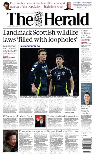 The Herald Newspaper Front Page (UK) for 13 October 2025