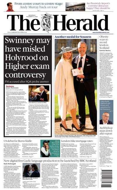 The Herald Newspaper Front Page (UK) for 13 November 2024