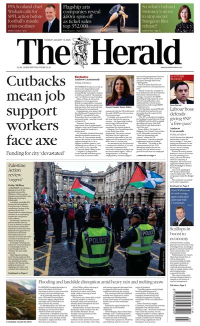 The Herald Newspaper Front Page (UK) for 13 January 2026