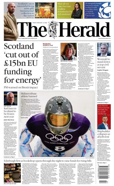 The Herald Newspaper Front Page (UK) for 13 February 2026