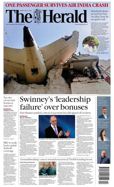 The Herald Newspaper Front Page (UK) for 13 June 2025
