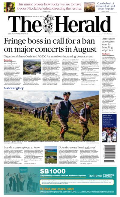 The Herald Newspaper Front Page (UK) for 13 August 2025