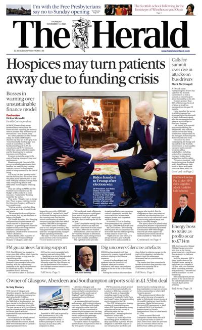 The Herald Newspaper Front Page (UK) for 14 November 2024