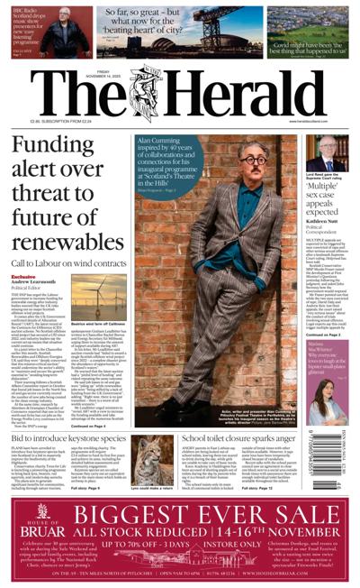 The Herald Newspaper Front Page (UK) for 14 November 2025