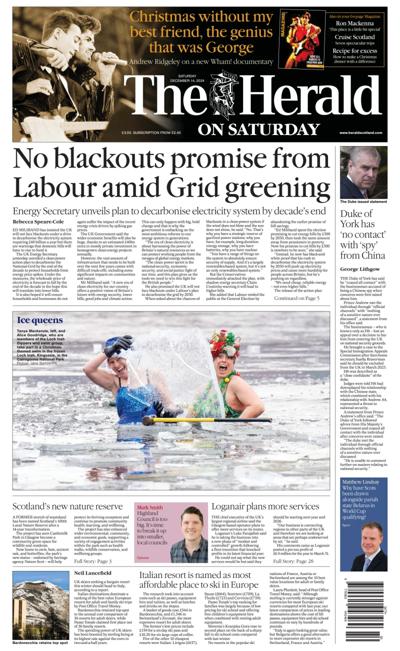 The Herald Newspaper Front Page (UK) for 14 December 2024