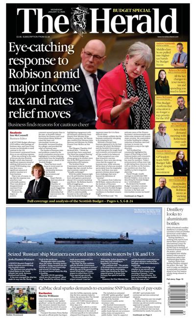 The Herald Newspaper Front Page (UK) for 14 January 2026