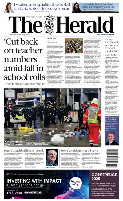 The Herald Newspaper Front Page (UK) for 14 February 2025