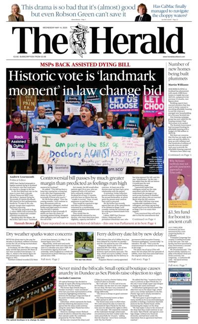 The Herald Newspaper Front Page (UK) for 14 May 2025
