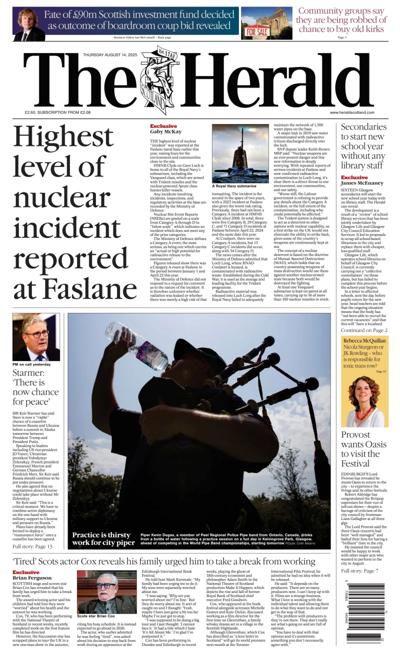 The Herald Newspaper Front Page (UK) for 14 August 2025