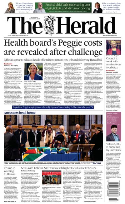 The Herald Newspaper Front Page (UK) for 15 October 2025