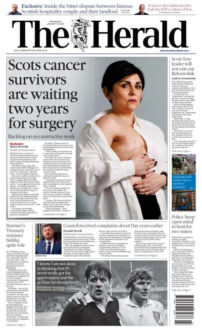 The Herald Newspaper Front Page (UK) for 15 January 2025