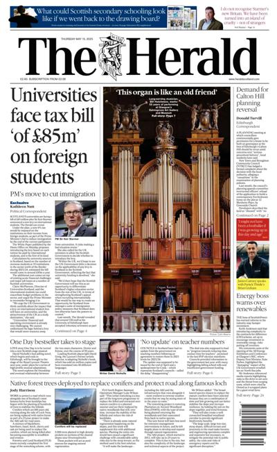 The Herald Newspaper Front Page (UK) for 15 May 2025