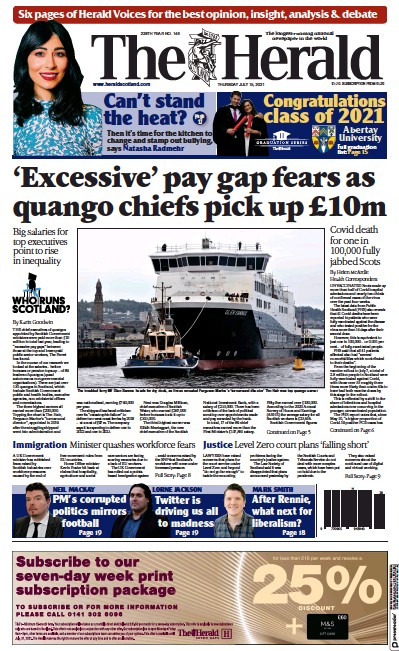 The Herald Newspaper Front Page (UK) for 15 July 2021