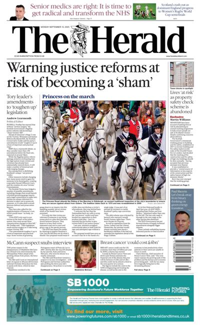 The Herald Newspaper Front Page (UK) for 15 September 2025