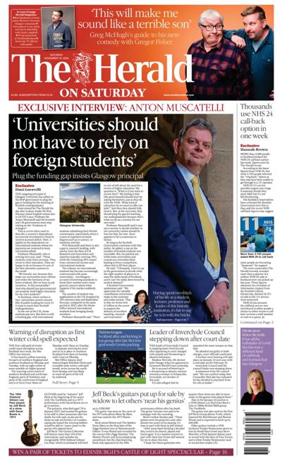 The Herald Newspaper Front Page (UK) for 16 November 2024