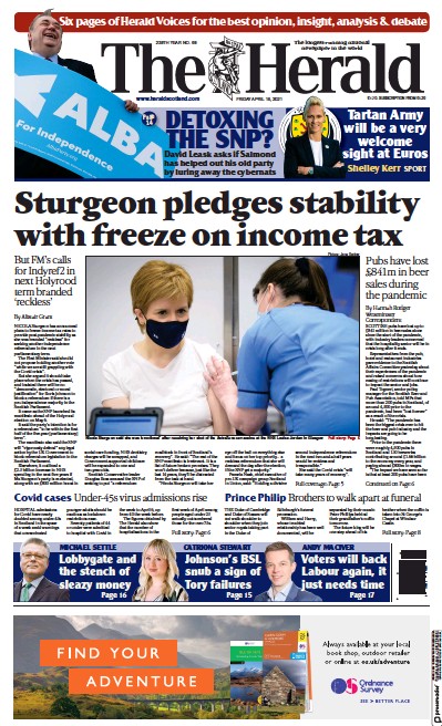 The Herald Newspaper Front Page (UK) for 16 April 2021