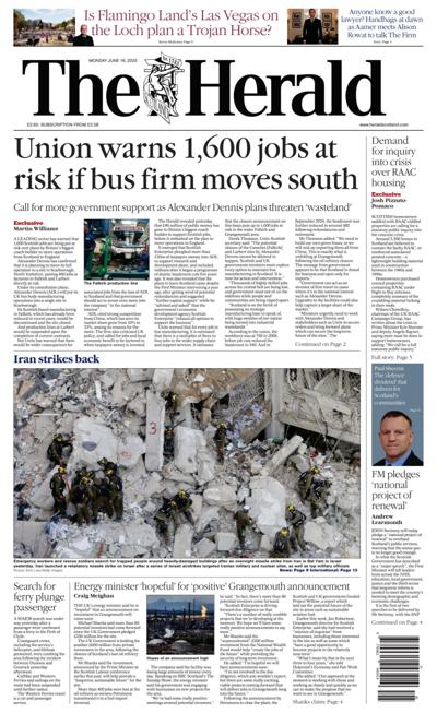 The Herald Newspaper Front Page (UK) for 16 June 2025