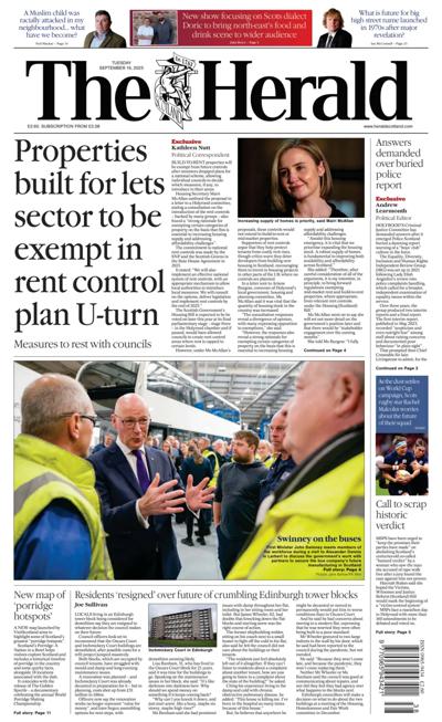 The Herald Newspaper Front Page (UK) for 16 September 2025