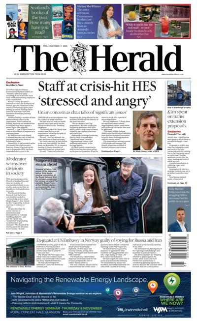 The Herald Newspaper Front Page (UK) for 17 October 2025