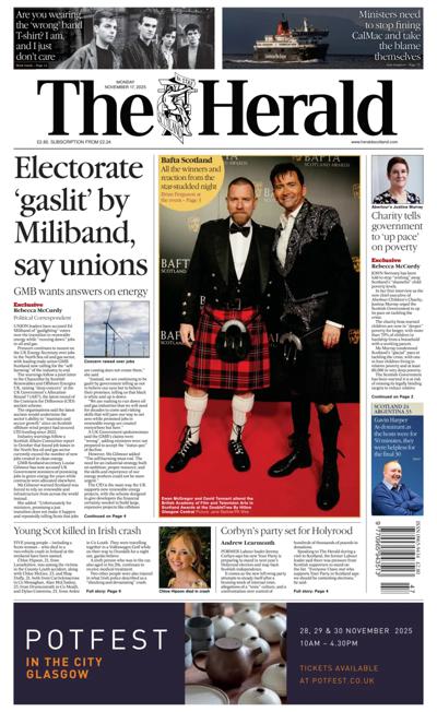 The Herald Newspaper Front Page (UK) for 17 November 2025