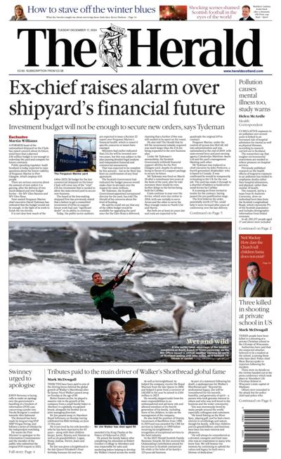 The Herald Newspaper Front Page (UK) for 17 December 2024