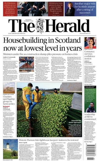 The Herald Newspaper Front Page (UK) for 17 December 2025