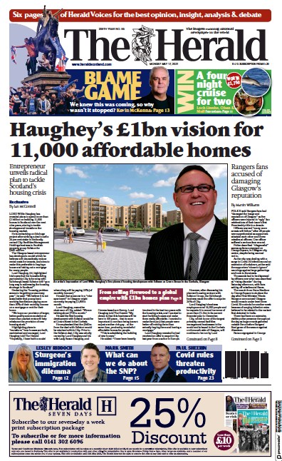 The Herald Newspaper Front Page (UK) for 17 May 2021