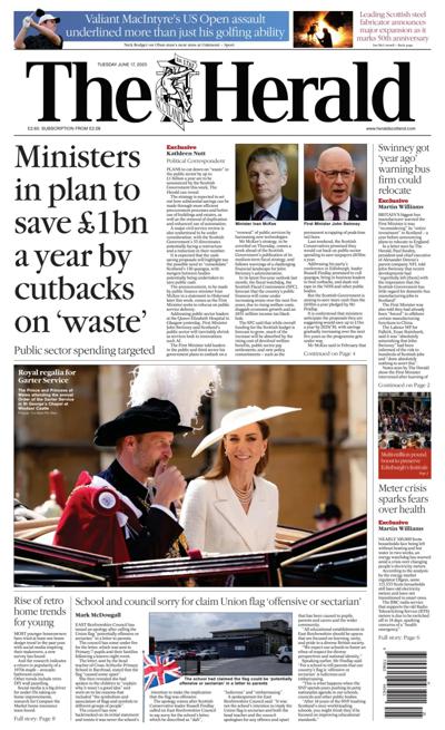 The Herald Newspaper Front Page (UK) for 17 June 2025