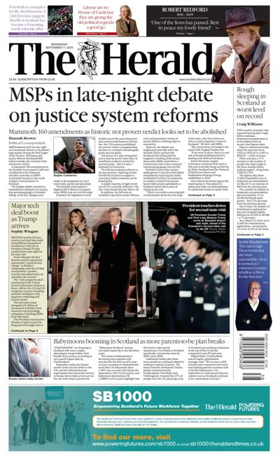 The Herald Newspaper Front Page (UK) for 17 September 2025