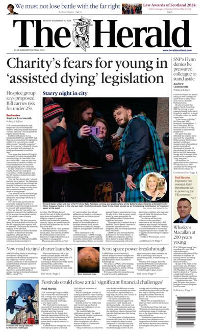 The Herald Newspaper Front Page (UK) for 18 November 2024