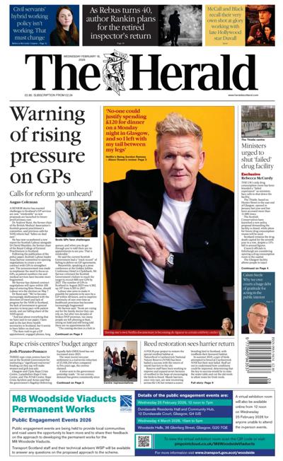The Herald Newspaper Front Page (UK) for 18 February 2026